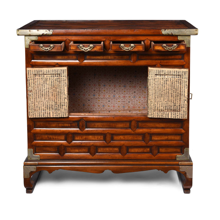 Open Doors View Of Burr Elm Korean Morijang Side Cabinet - Early 20thC | Indigo Antiques