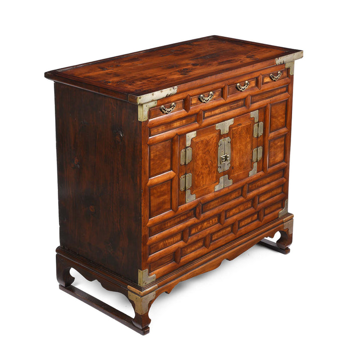 Angled View Of Burr Elm Korean Morijang Side Cabinet - Early 20thC | Indigo Antiques