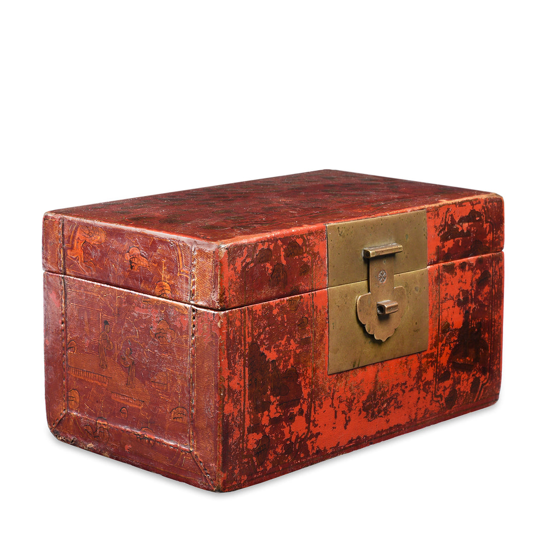 Angled View Of Gilt Red Lacquer Leather & wood Document Box - Late 19thC | Indigo Antiques