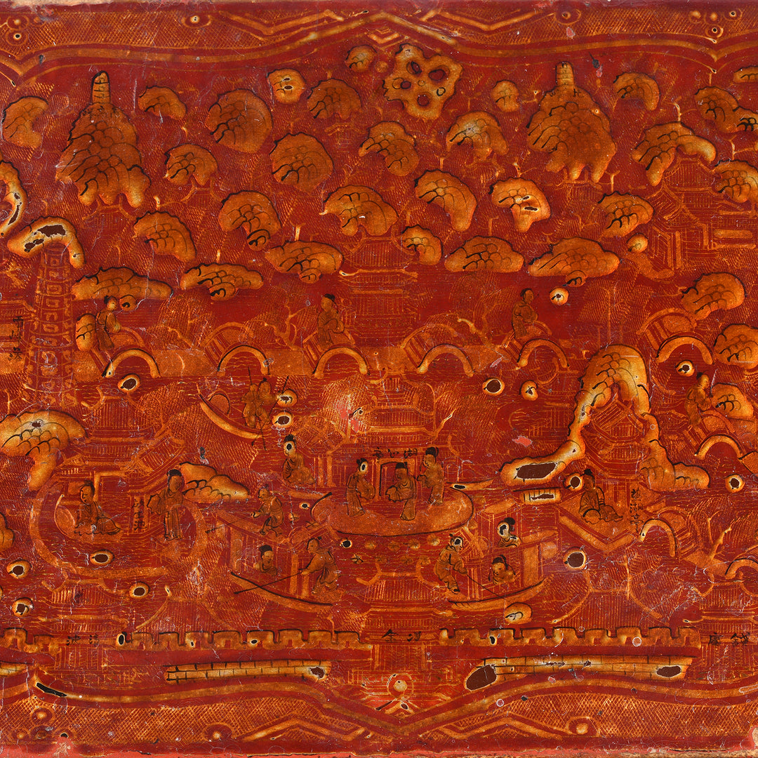 Top Detail From Gilt Red Lacquer Leather & wood Document Box - Late 19thC | Indigo Antiques
