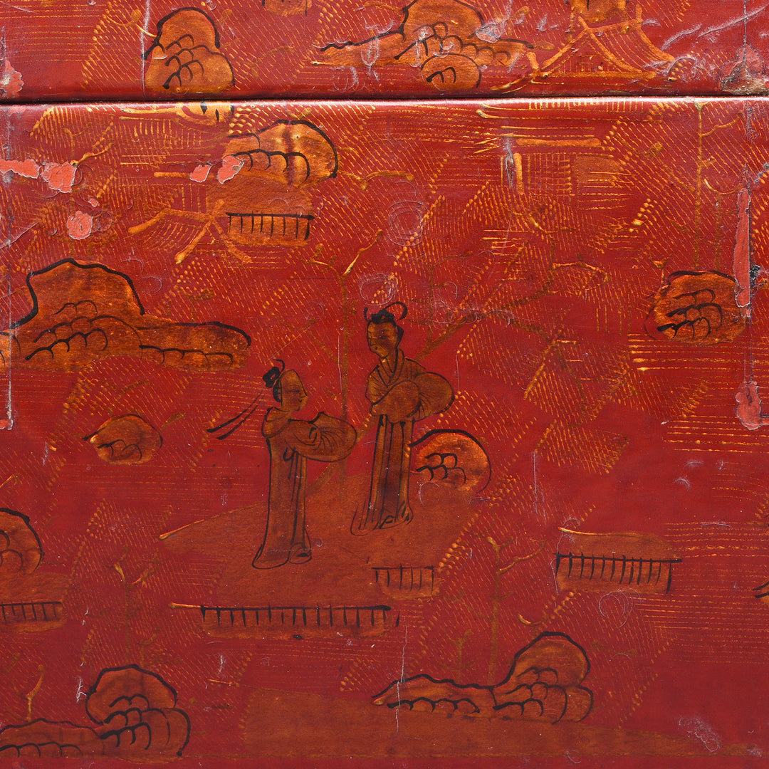 Side Detail From Gilt Red Lacquer Leather & wood Document Box - Late 19thC | Indigo Antiques