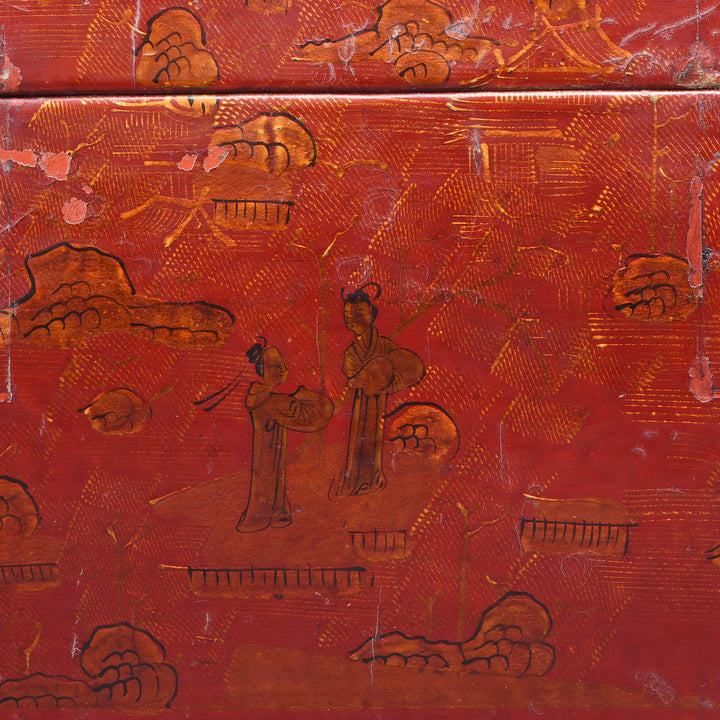 Side Detail From Gilt Red Lacquer Leather & wood Document Box - Late 19thC | Indigo Antiques