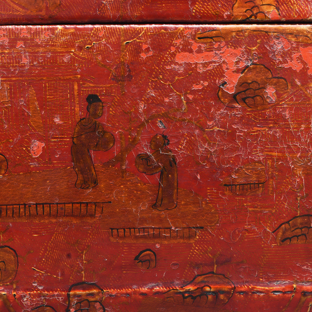 Side Detail From Gilt Red Lacquer Leather & wood Document Box - Late 19thC | Indigo Antiques