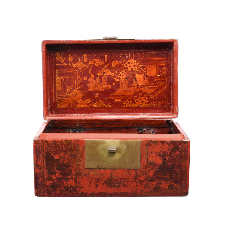 Open Lid View Of Gilt Red Lacquer Leather & wood Document Box - Late 19thC | Indigo Antiques