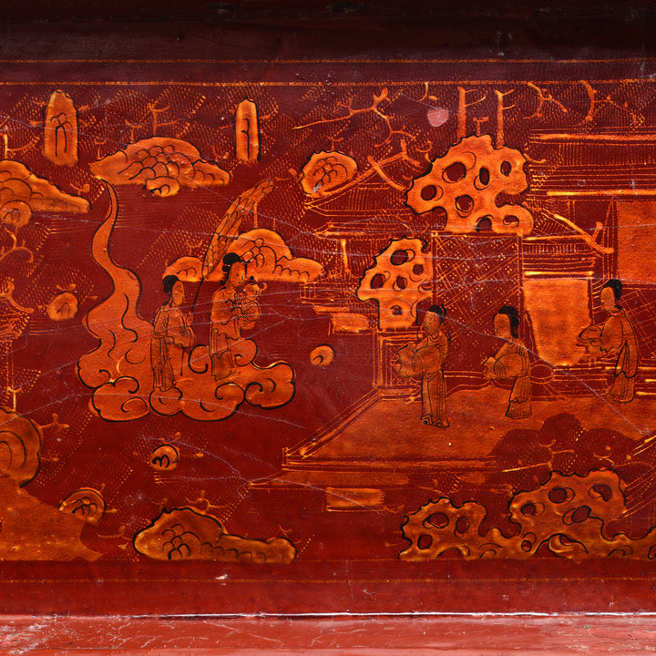 Inside Lid Artwork From Gilt Red Lacquer Leather & wood Document Box - Late 19thC | Indigo Antiques