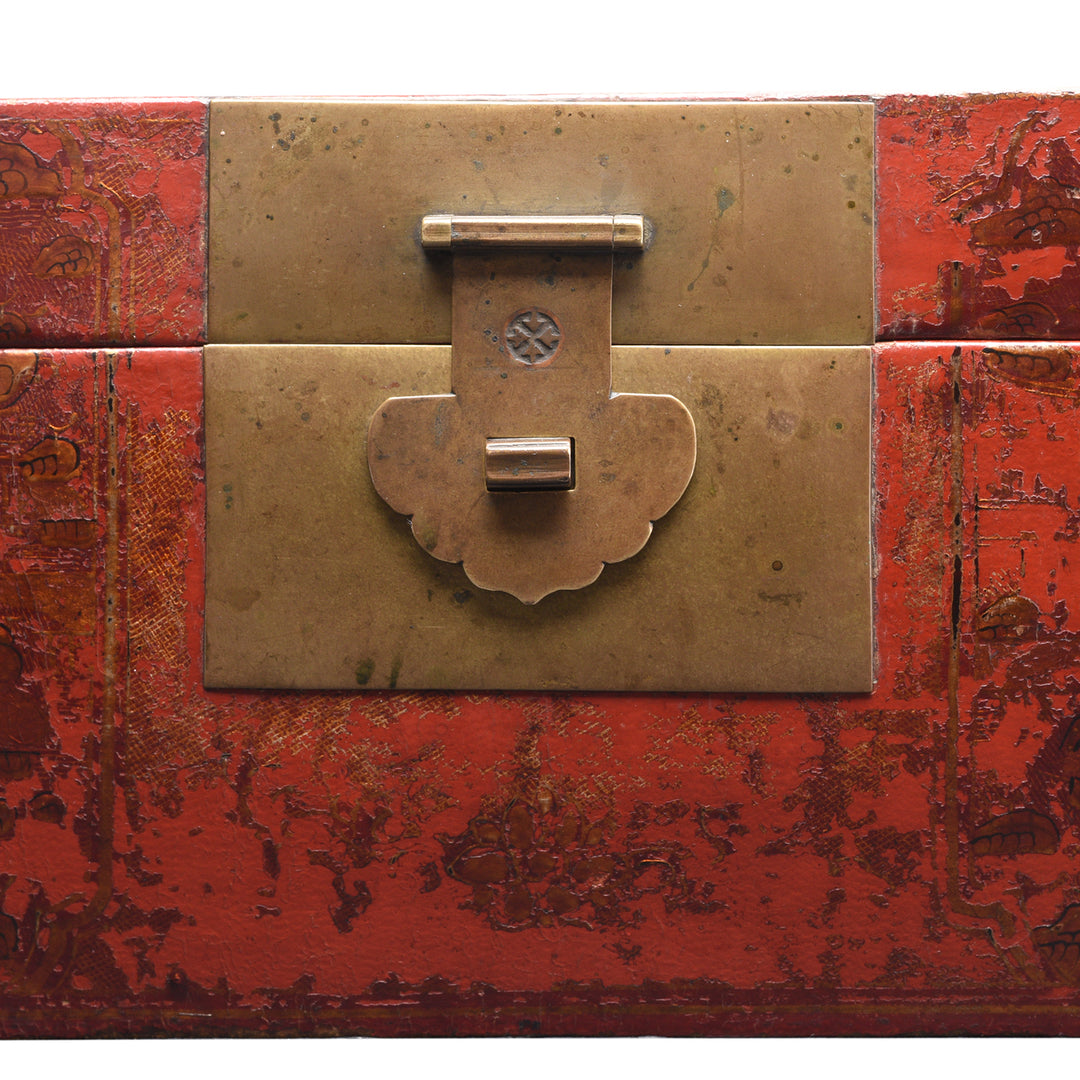 Latch Detail From Gilt Red Lacquer Leather & wood Document Box - Late 19thC | Indigo Antiques