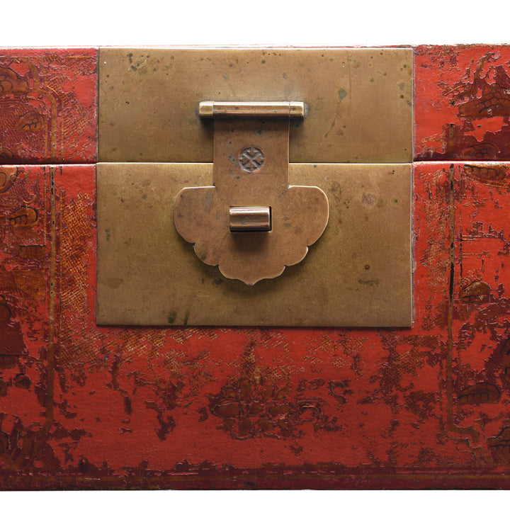 Latch Detail From Gilt Red Lacquer Leather & wood Document Box - Late 19thC | Indigo Antiques