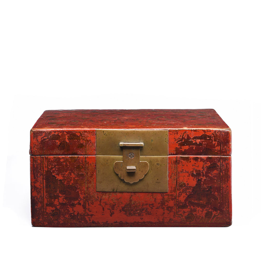 Gilt Red Lacquer Leather & wood Document Box - Late 19thC | Indigo Antiques