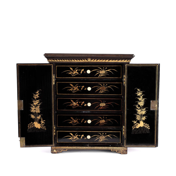 Open Doors View Of Gilt Black Lacquer Jewellery Cabinet - Early 19thC | Indigo Antiques