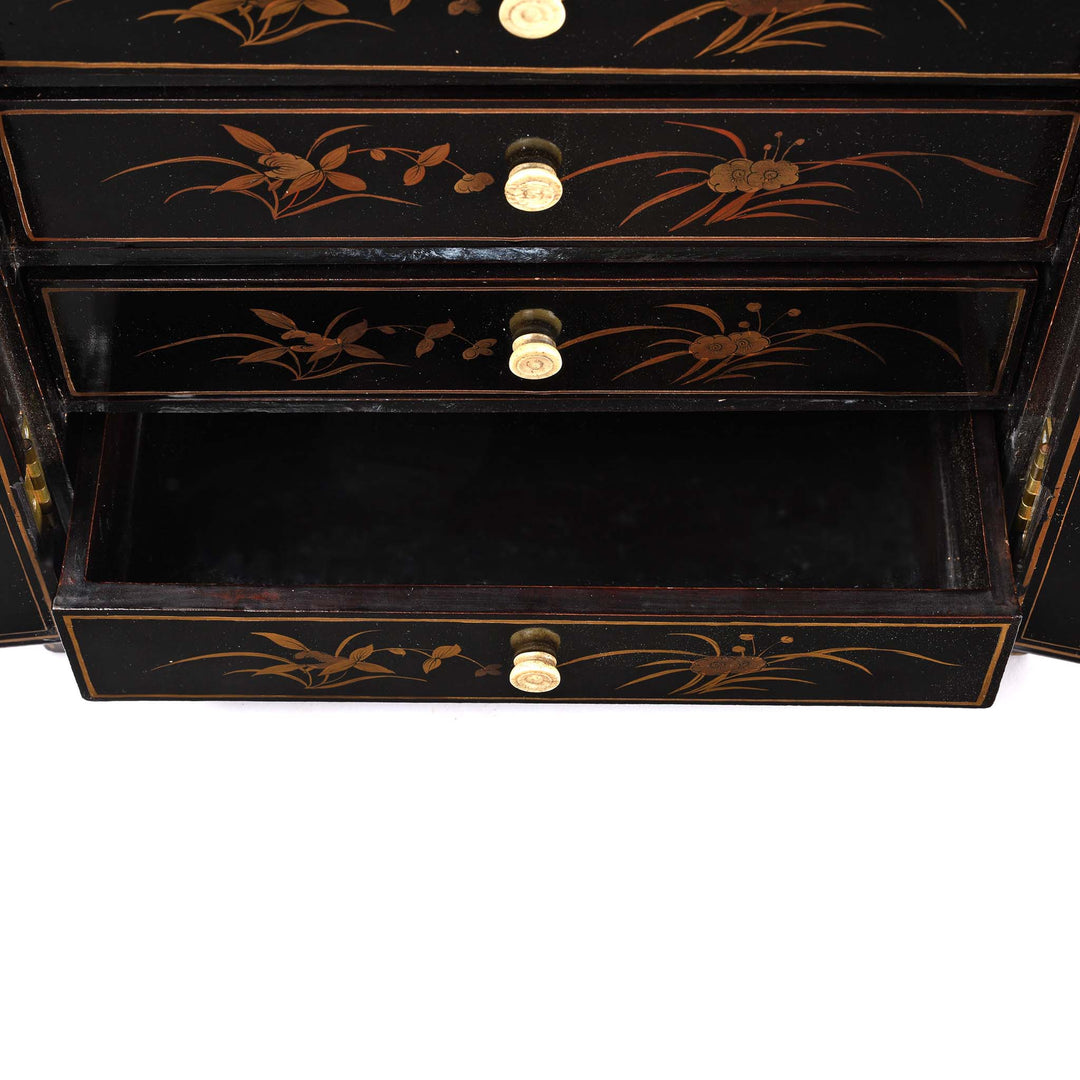 Gilt Black Lacquer Chinese Export Jewellery Cabinet - Early 19th Century
