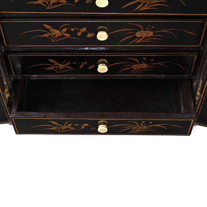 Gilt Black Lacquer Chinese Export Jewellery Cabinet - Early 19th Century
