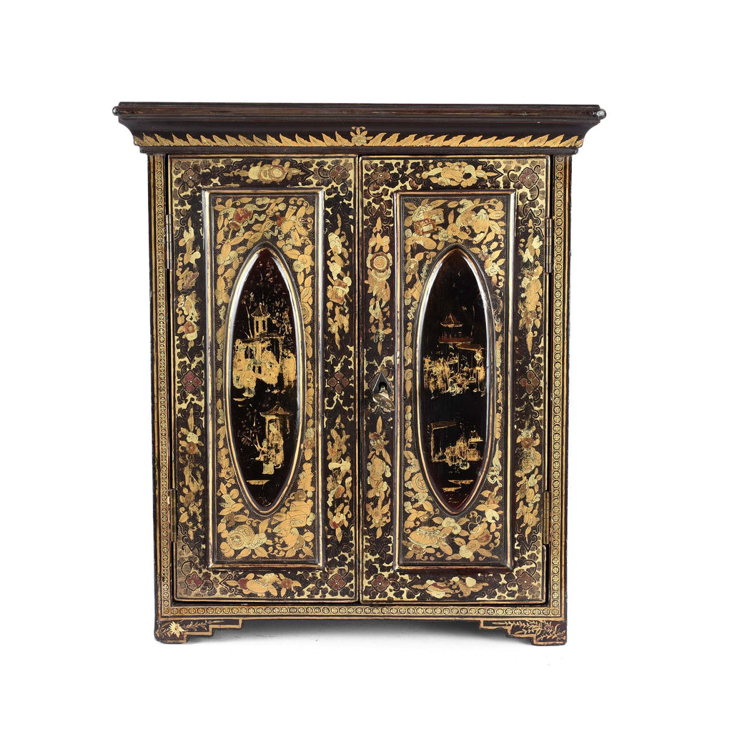 Gilt Black Lacquer Chinese Export Jewellery Cabinet - Early 19thC