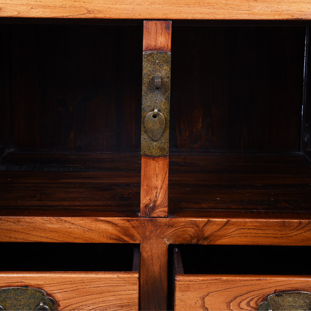 Interior Detail of a Reproduction Elm "Kang" Chinese Low Cabinet - Late 20thC | Indigo Antiques