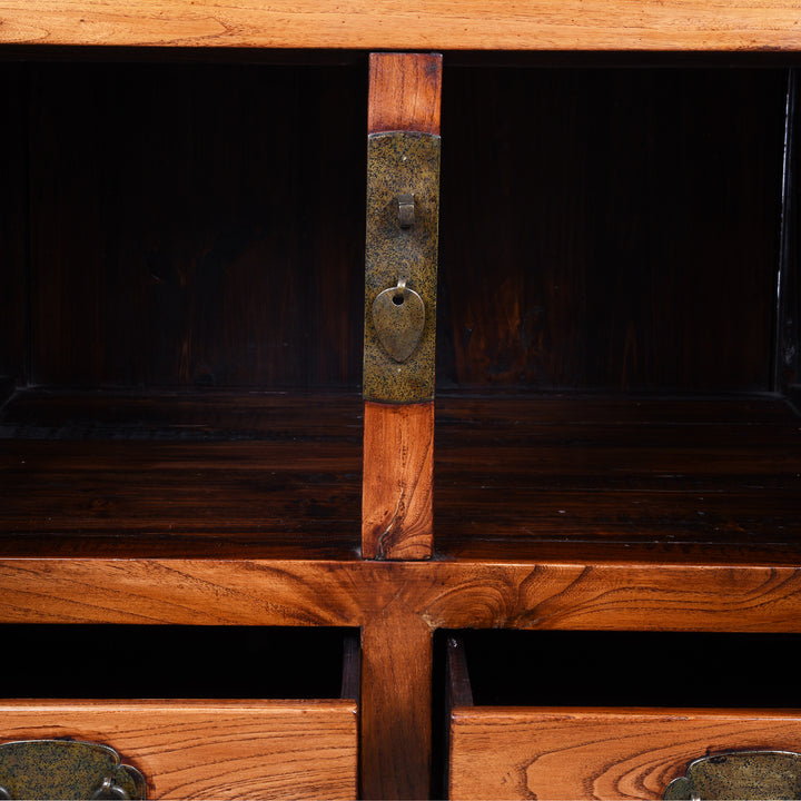 Interior Detail of a Reproduction Elm "Kang" Chinese Low Cabinet - Late 20thC | Indigo Antiques