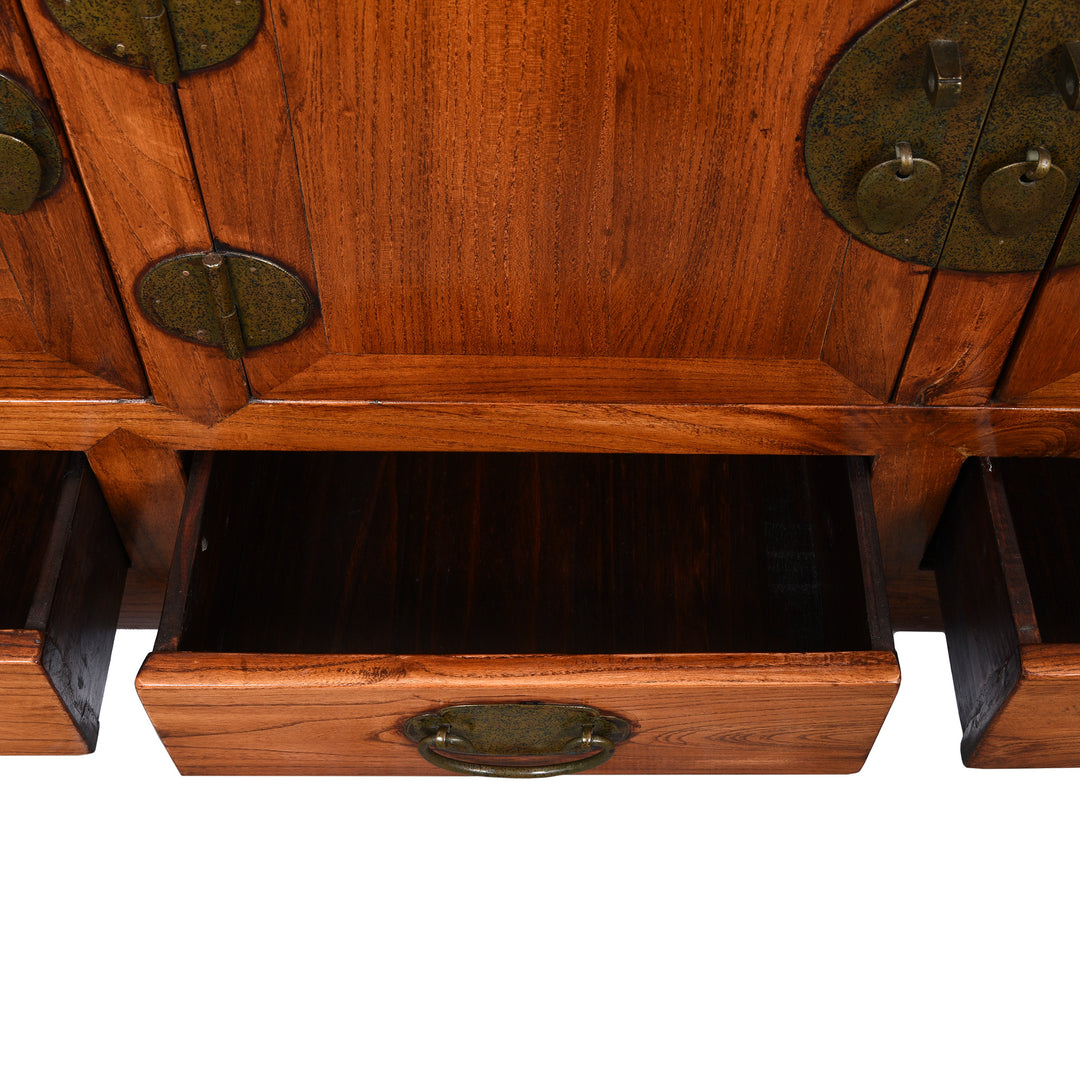 Drawer Detail of a Reproduction Elm "Kang" Chinese Low Cabinet - Late 20thC | Indigo Antiques