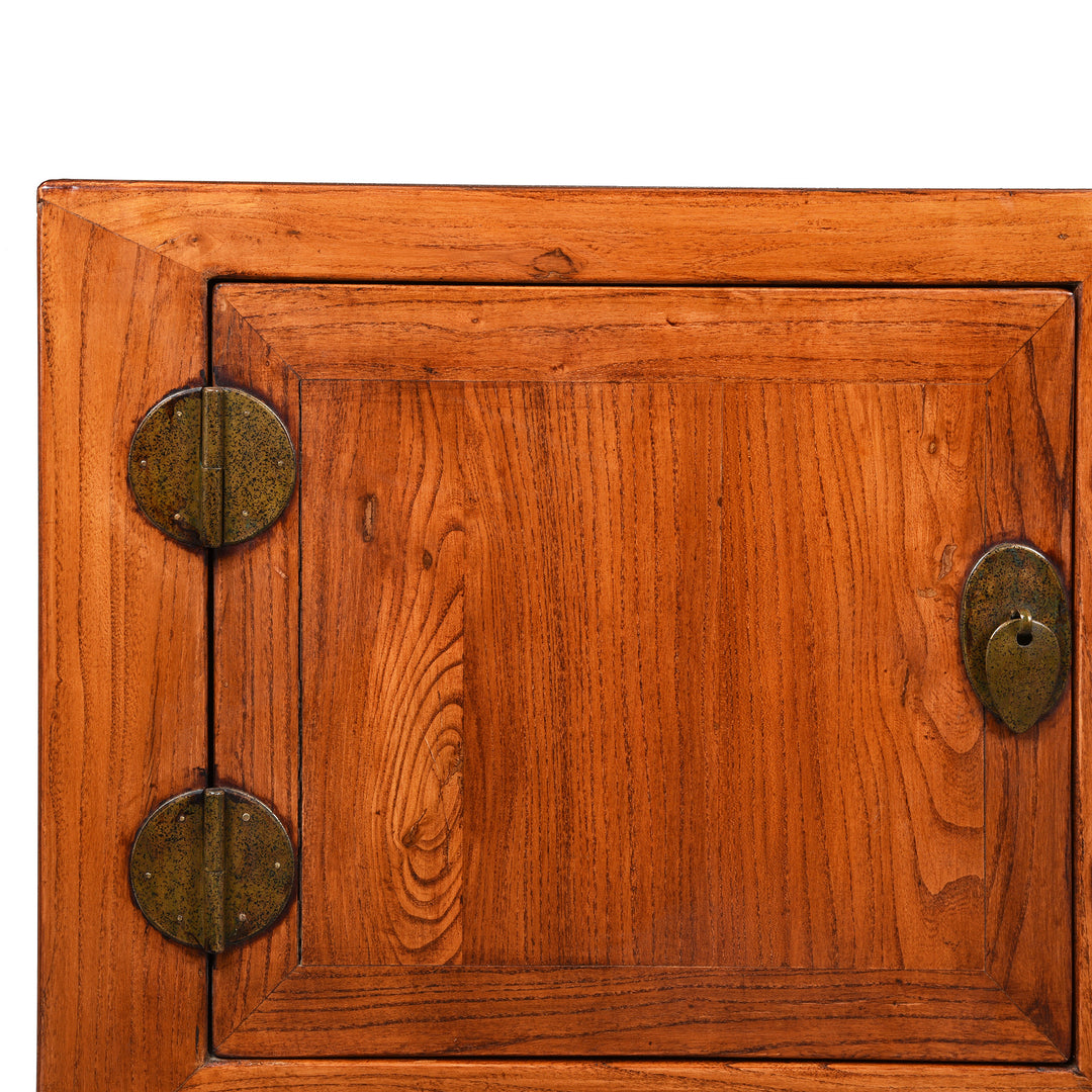 Top Corner Detail of a Reproduction Elm "Kang" Chinese Low Cabinet - Late 20thC | Indigo Antiques