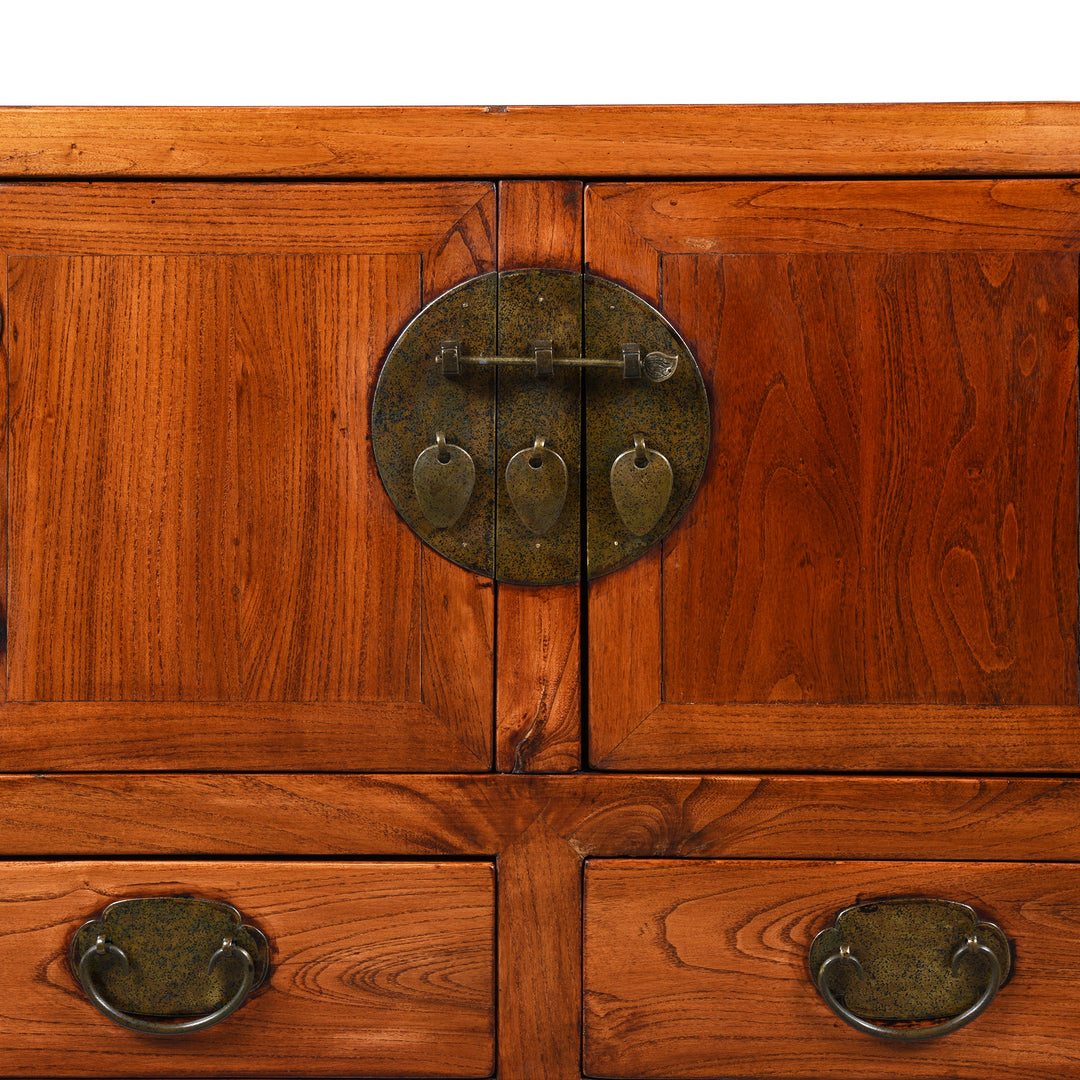 Brass Detail of a Reproduction Elm "Kang" Chinese Low Cabinet - Late 20thC | Indigo Antiques