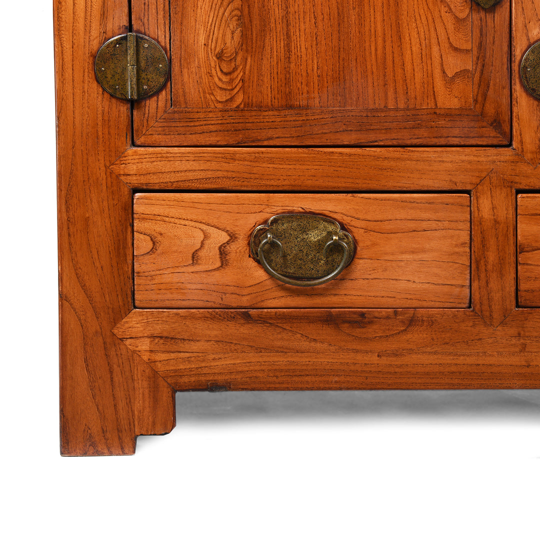 Corner Detail of a Reproduction Elm "Kang" Chinese Low Cabinet - Late 20thC | Indigo Antiques