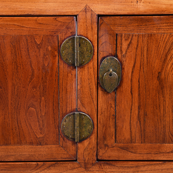 Brass Detail of a Reproduction Elm "Kang" Chinese Low Cabinet - Late 20thC | Indigo Antiques