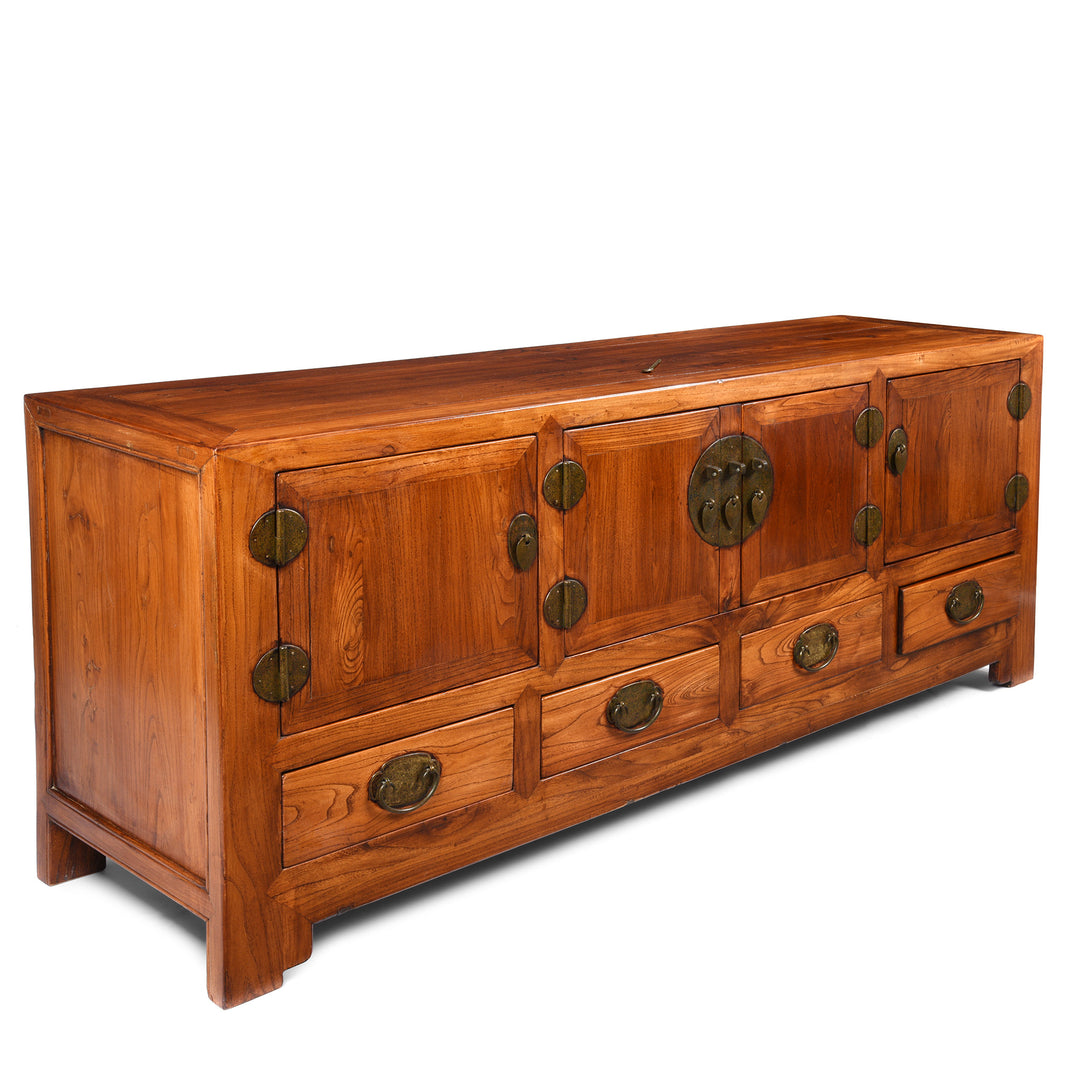 Side Detail of a Reproduction Elm "Kang" Chinese Low Cabinet - Late 20thC | Indigo Antiques