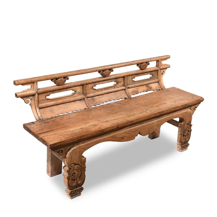 Angle View Of Old Chinese Elm Bench | Indigo Antiques