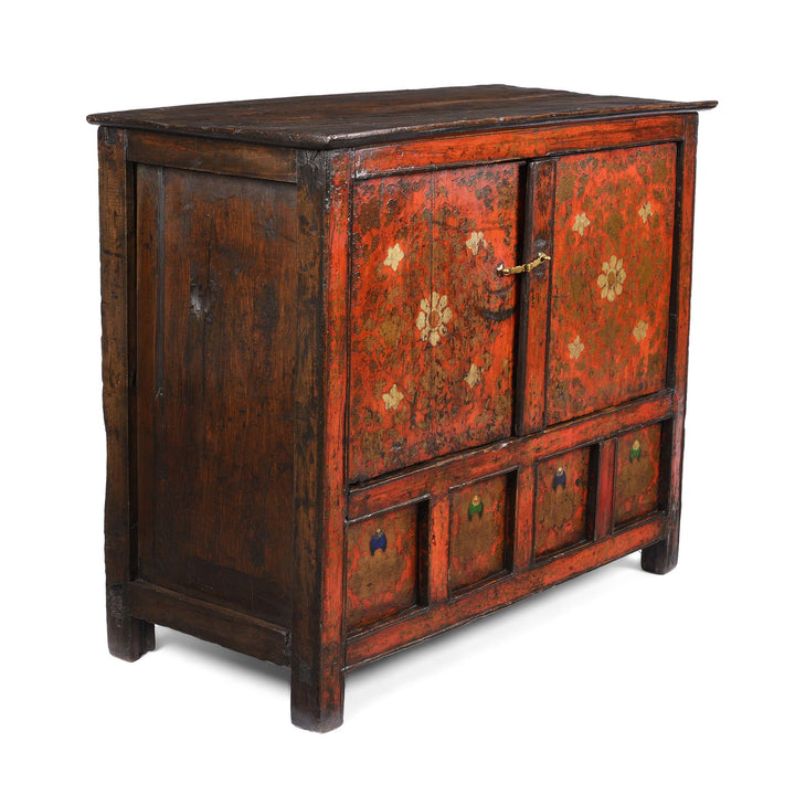 Angled View Of Painted Altar Cabinet from Tibet - 19thC | Indigo Antiques