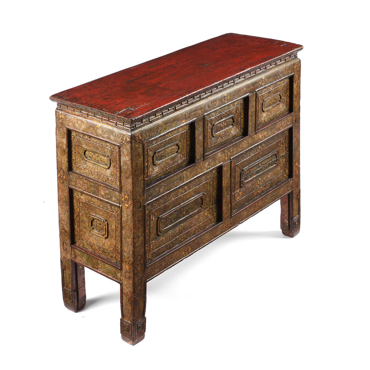 Angled View Of Antique Gilt Tibetan Pegam From Tsurpu - Late 18th Century | Indigo Antiques