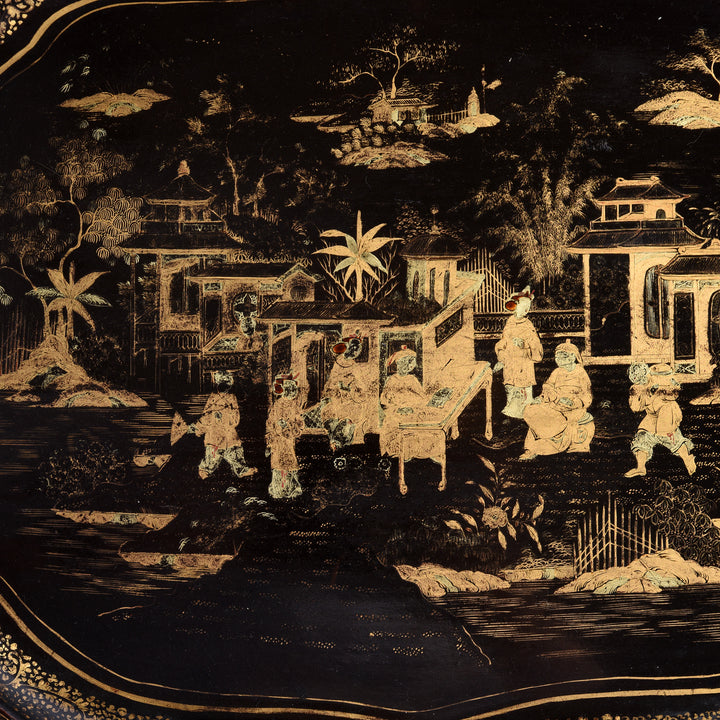 Detail Of Black Chinese Export Black Lacquer Papiermache Tray - Early 19thC | Indigo Antiques