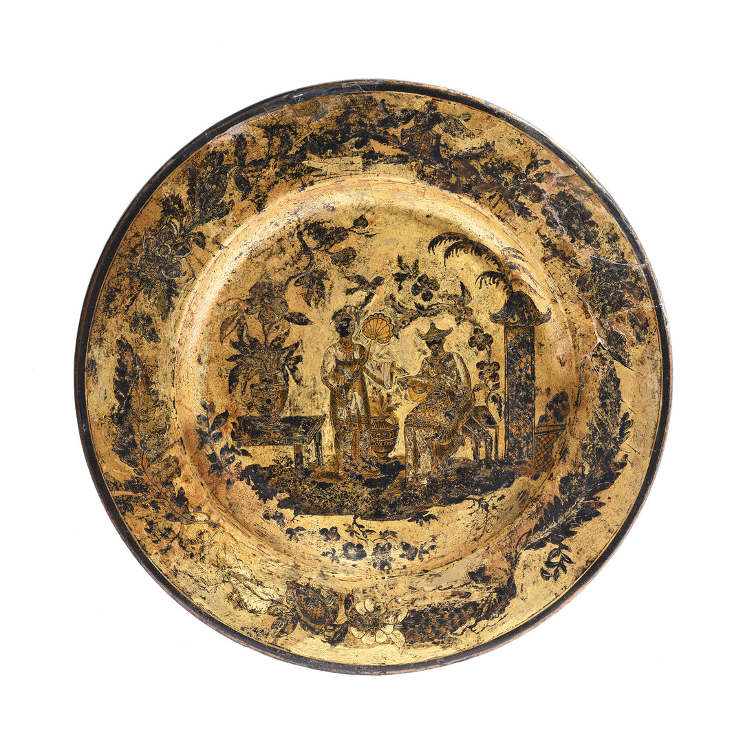 English Chinoiserie Black Lacquer Papiermache Plate - Late 18thC | Indigo Antiques