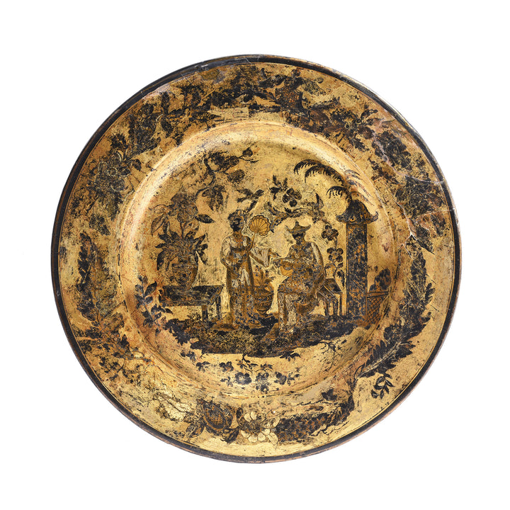 English Chinoiserie Black Lacquer Papiermache Plate - Late 18thC | Indigo Antiques