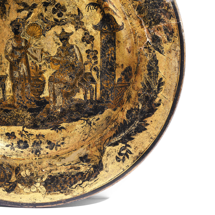 Detail From English Chinoiserie Black Lacquer Papiermache Plate - Late 18thC | Indigo Antiques