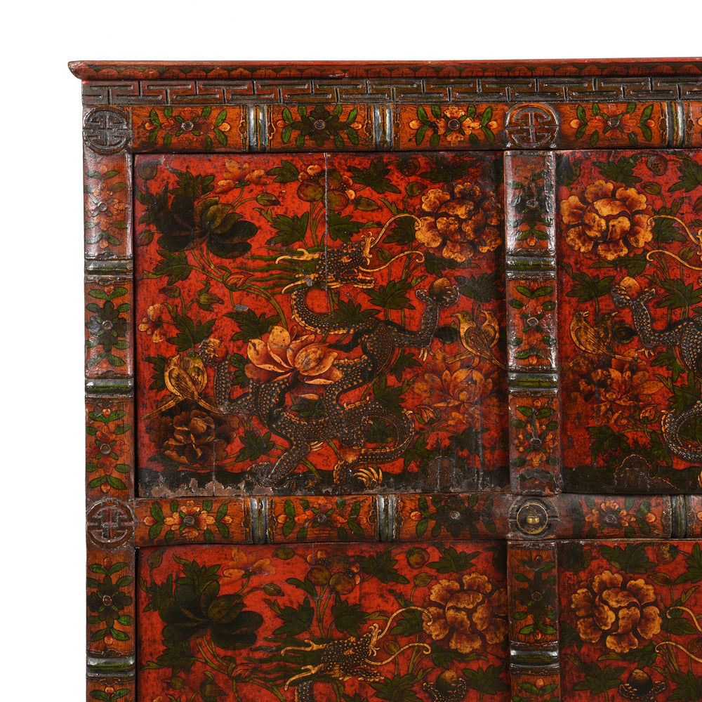 Painting Detail of an Antique Painted Tibetan Dragon Altar Cabinet - 19thC | Indigo Antiques