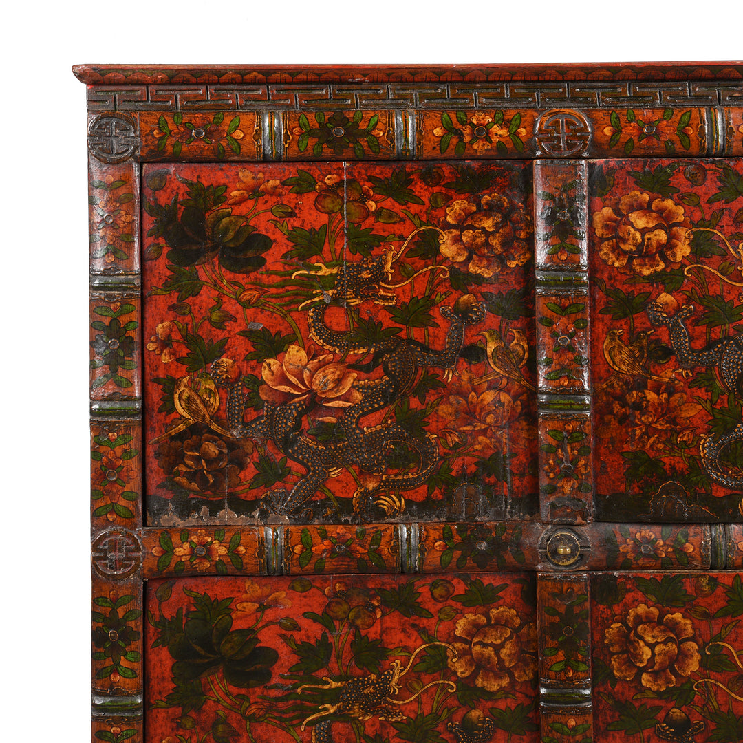 Painting Detail of an Antique Painted Tibetan Dragon Altar Cabinet - 19thC | Indigo Antiques