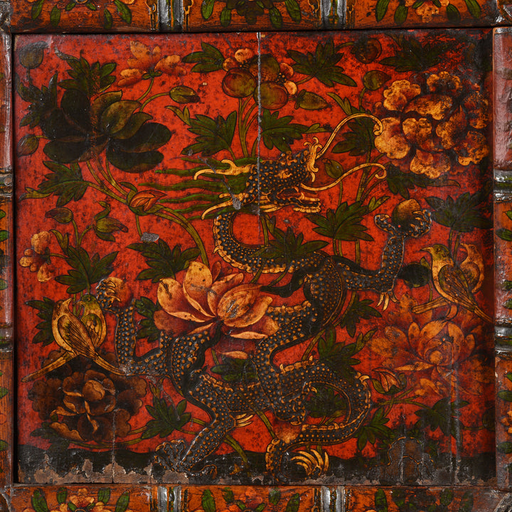 Dragon, peony & lotus detail of an Antique Painted Tibetan Dragon Altar Cabinet - 19thC | Indigo Antiques