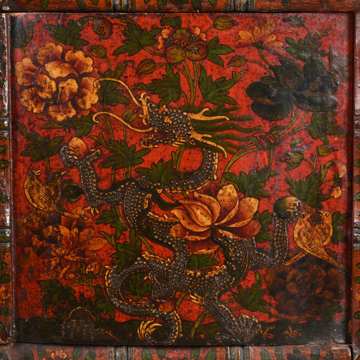 Dragon, peony & lotus detail of an Antique Painted Tibetan Dragon Altar Cabinet - 19thC | Indigo Antiques