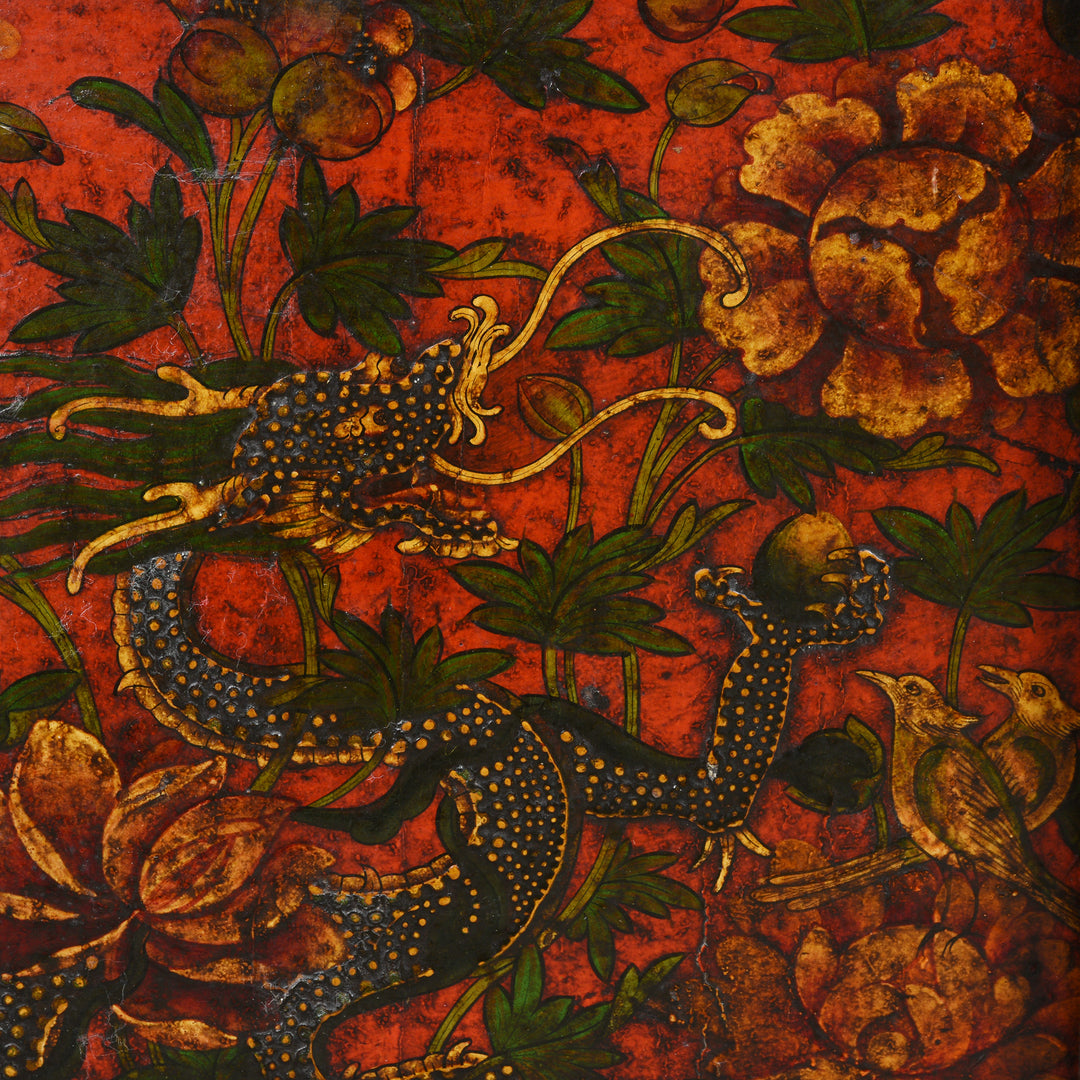 Dragon, peony & lotus detail of an Antique Painted Tibetan Dragon Altar Cabinet - 19thC | Indigo Antiques