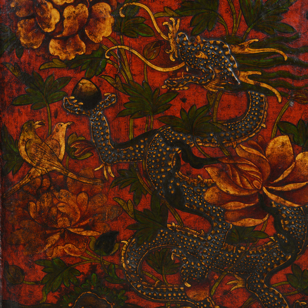 Dragon, peony & lotus detail of an Antique Painted Tibetan Dragon Altar Cabinet - 19thC | Indigo Antiques