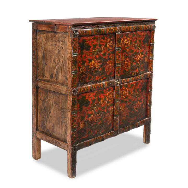 Side detail of an Antique Painted Tibetan Dragon Altar Cabinet - 19thC | Indigo Antiques