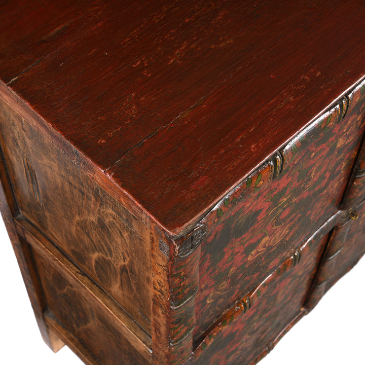 Top Detail of an Antique Painted Tibetan Dragon Altar Cabinet - 19thC | Indigo Antiques