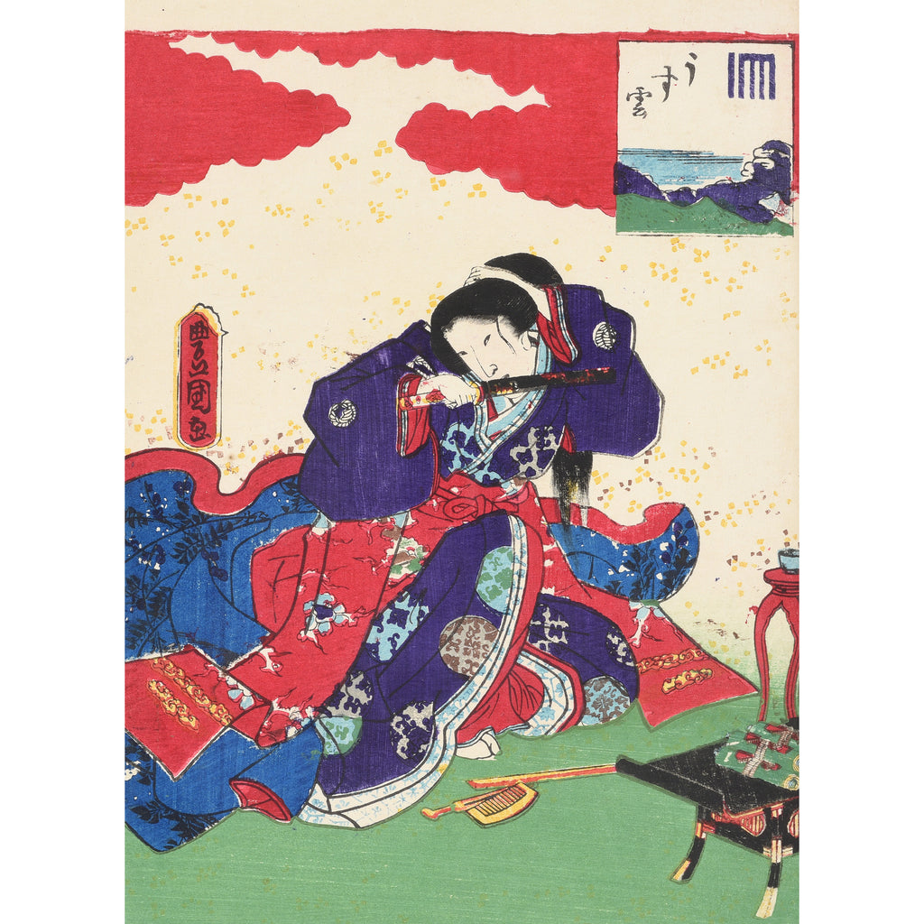 Framed Genji Woodblock Print Oban by Kunisada - 19thC