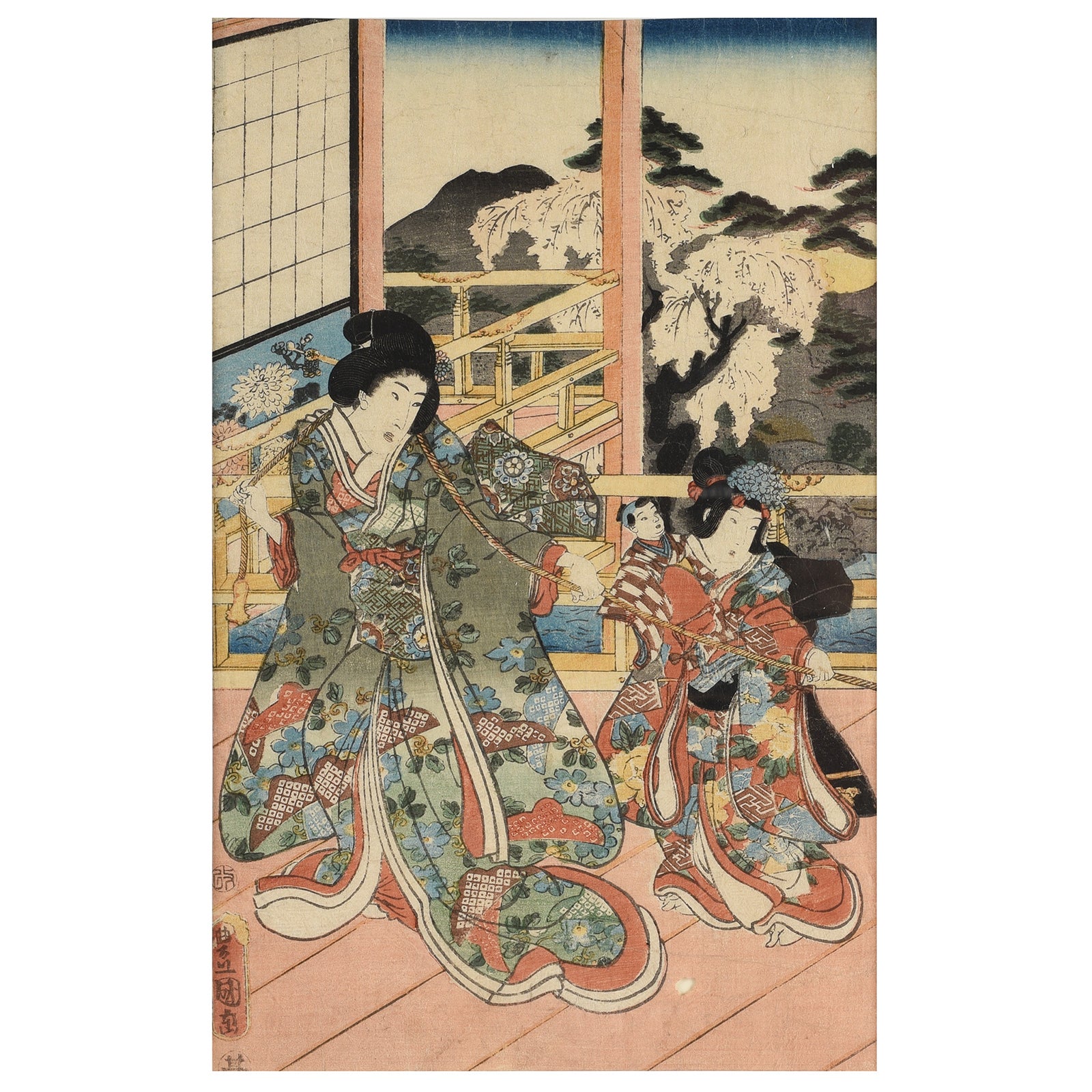 Old Framed Japanese Oban Woodblock Print By Utagawa Kunisada - 19thC Old Framed Japanese Oban Woodblock Print By Utagawa Kunisada - 19thC
