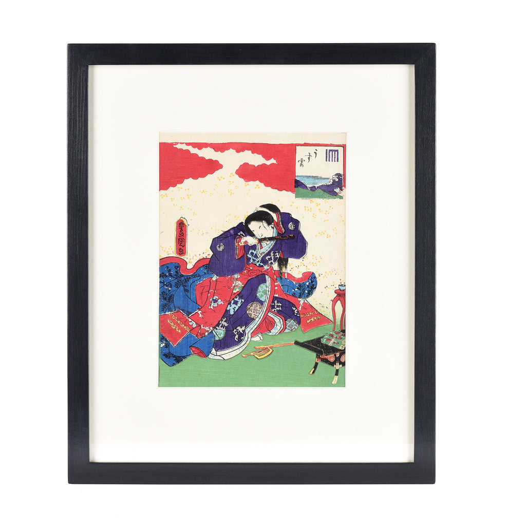 Framed Genji Woodblock Print Oban by Kunisada - 19thC