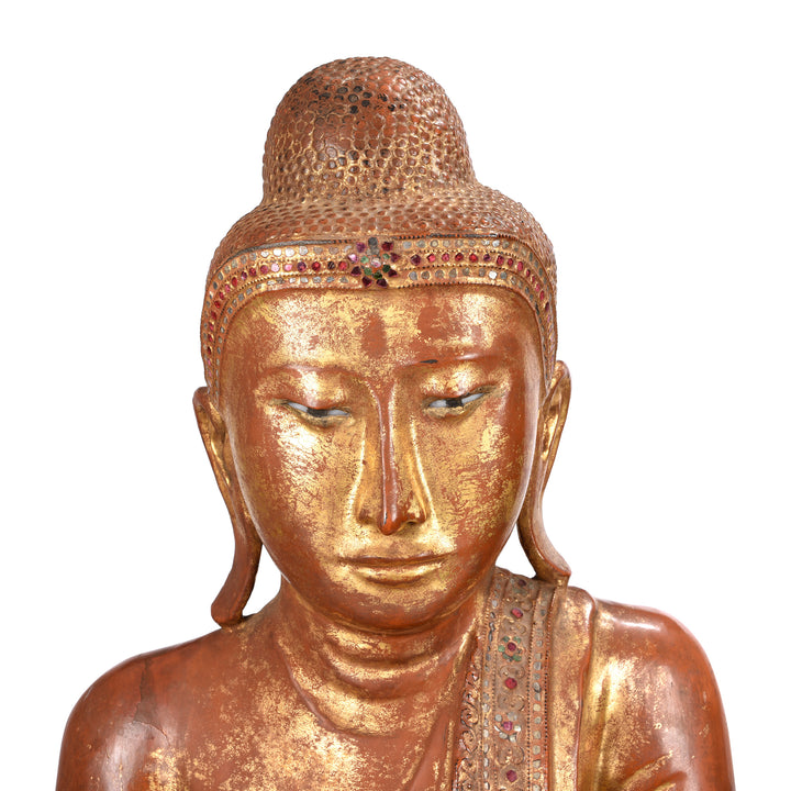 Face Detail Of Gilded Teak Burmese Standing Buddha - Early 20thC | Indigo Antiques