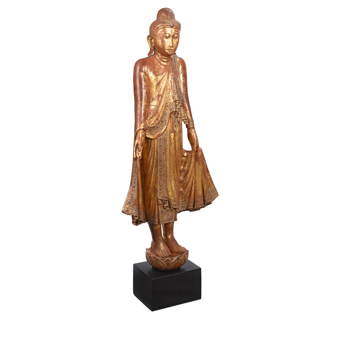 Angled View Of Gilded Teak Burmese Standing Buddha - Early 20thC | Indigo Antiques