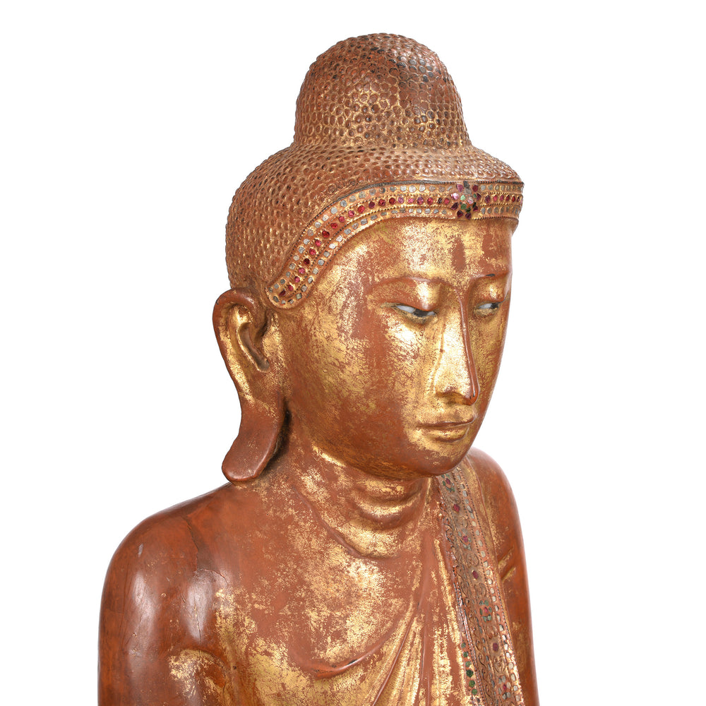 Profile Face View Of Gilded Teak Burmese Standing Buddha - Early 20thC | Indigo Antiques