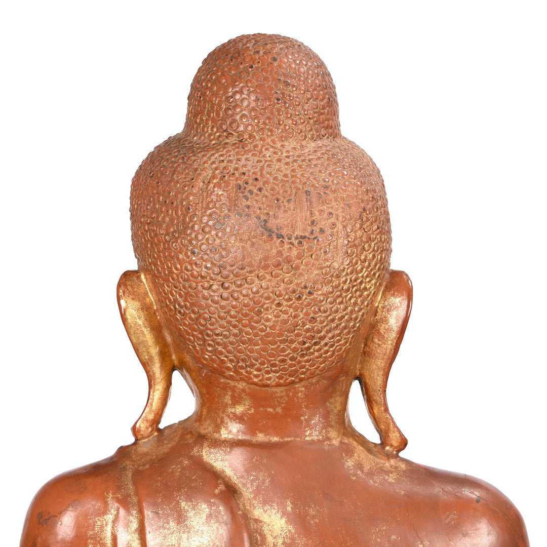 Back Of Head Detail Of Gilded Teak Burmese Standing Buddha - Early 20thC | Indigo Antiques