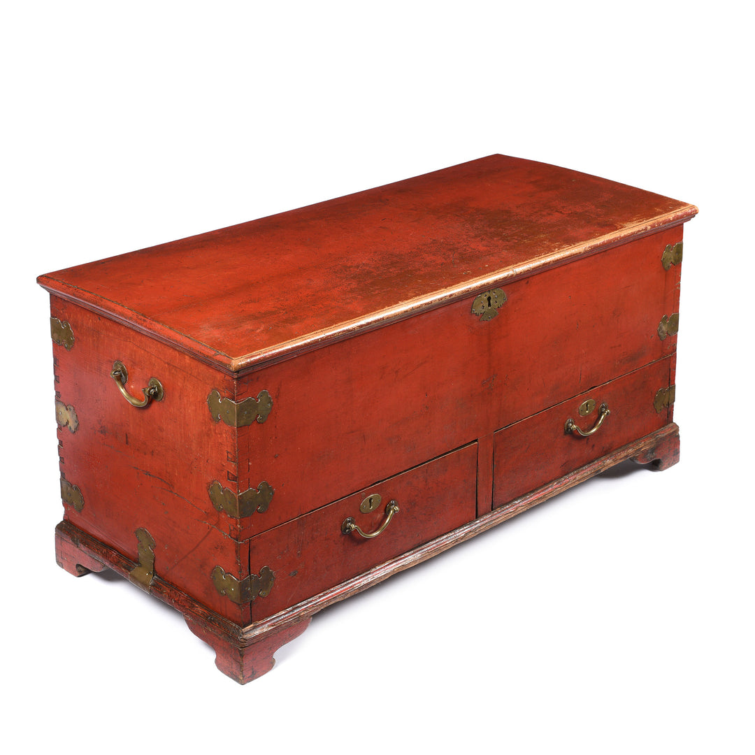 Angled View Of Red Lacquer Teak Wood Chinese Chest - 18thC | Indigo Antiques