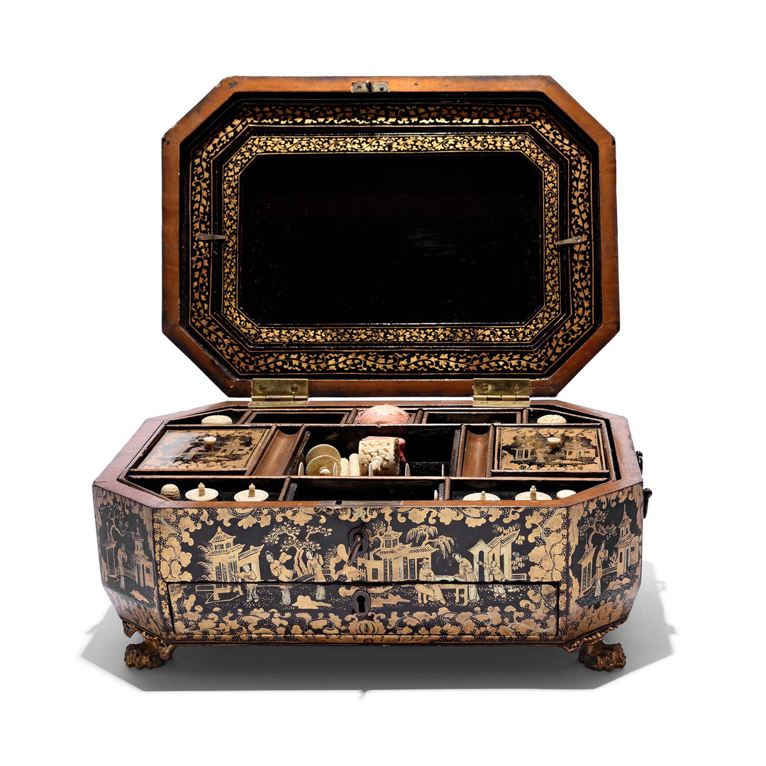 Open View Of Chinoiserie Lacquer Sewing Box - Qing Dynasty Early 19thC | Indigo Antiques