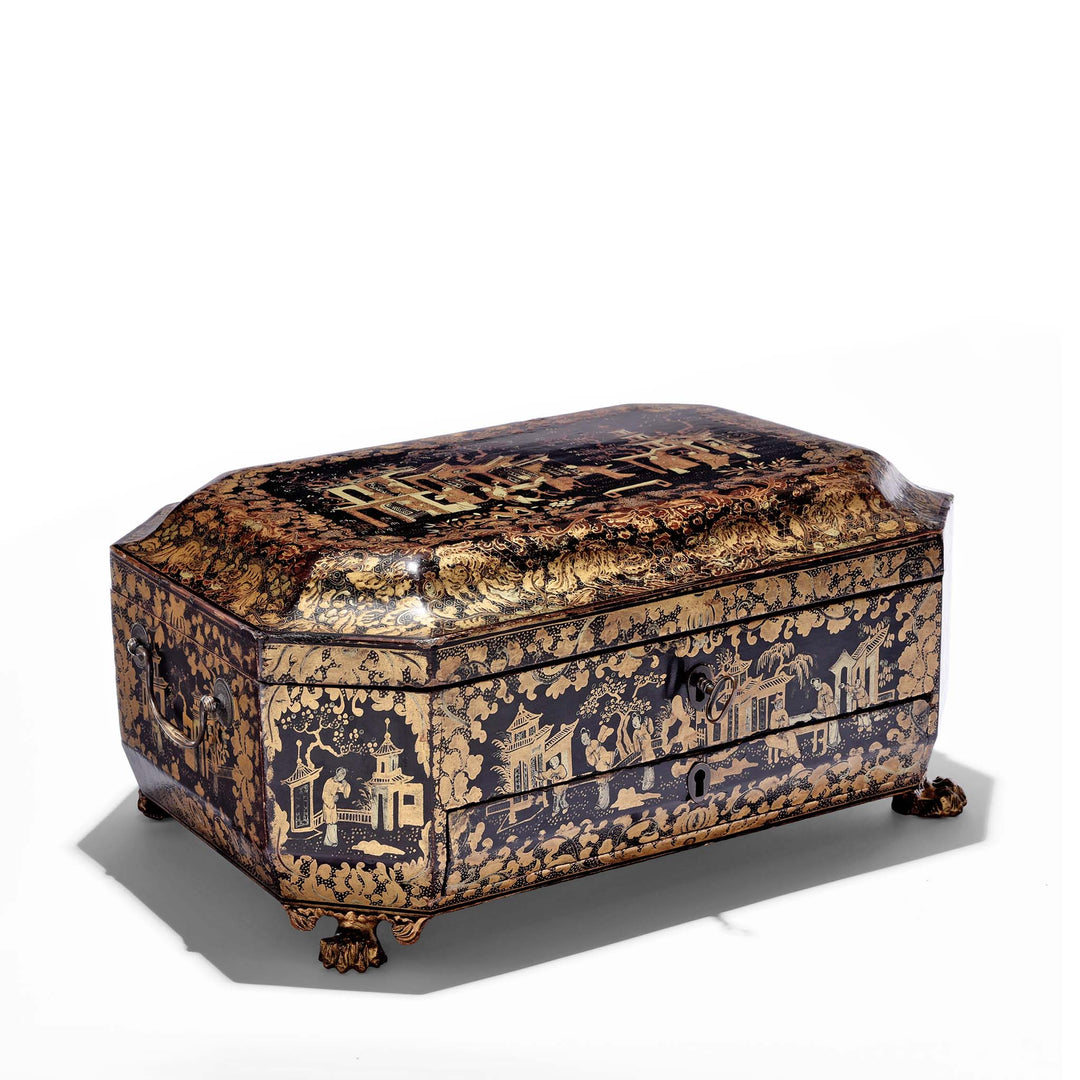 Angled View Of Chinoiserie Lacquer Sewing Box - Qing Dynasty Early 19thC | Indigo Antiques