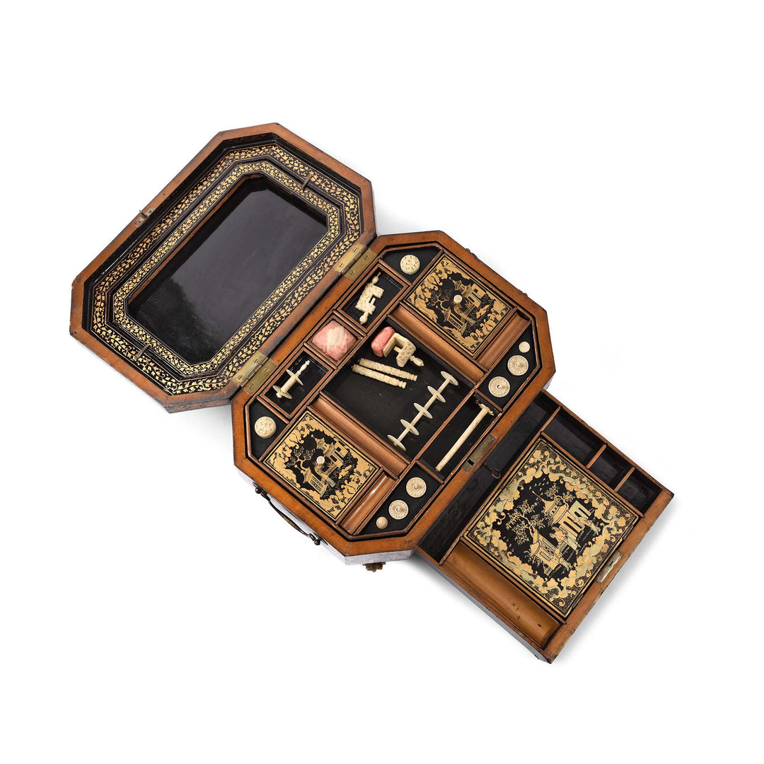 Top Down Open View Of Chinoiserie Lacquer Sewing Box - Qing Dynasty Early 19thC | Indigo Antiques